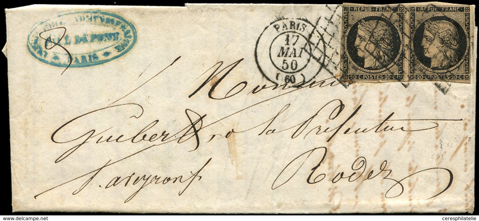 Let EMISSION DE 1849 3b   20c. Noir Sur CHAMOIS, PAIRE Obl. GRILLE S. LAC, Un Ex. Touché, Càd PARIS 17/5/50, Jolie Nuanc - 1849-1850 Ceres