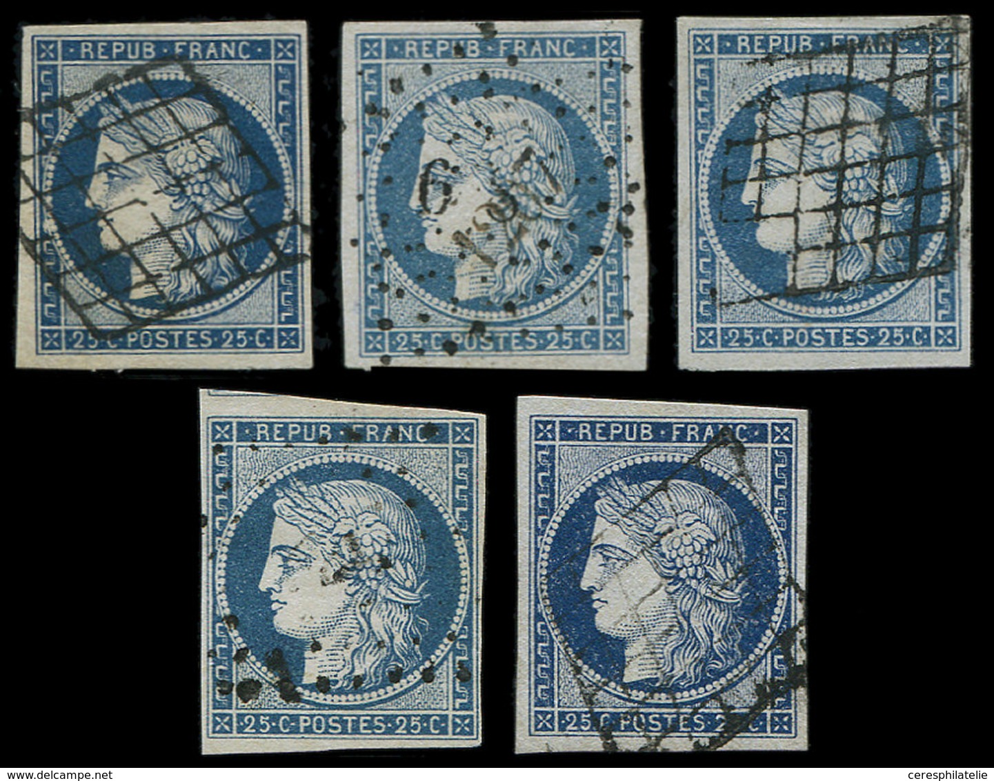 EMISSION DE 1849 4    25c. Bleu (3) Et 4a 25c. Bleu Foncé (2) Obl. GRILLE Ou PC, TB - 1849-1850 Cérès