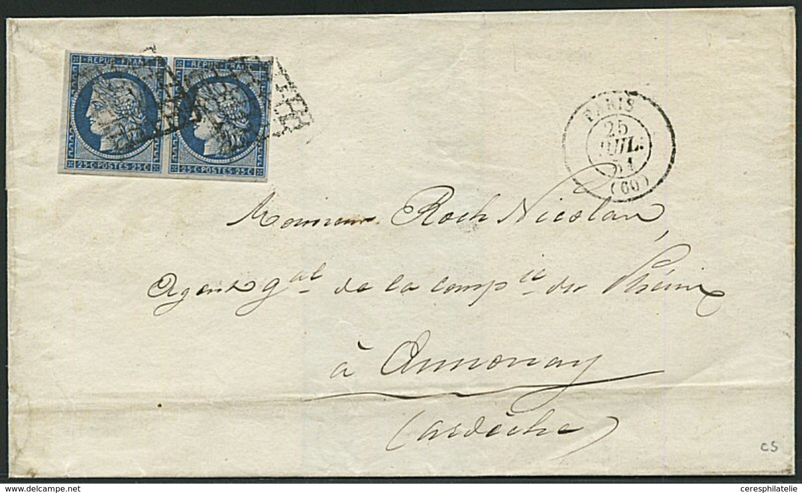 Let EMISSION DE 1849 4a   25c. Bleu Foncé, PAIRE Obl. GRILLE S. LAC, Càd PARIS (60) 25/7/51, TB - 1849-1850 Ceres