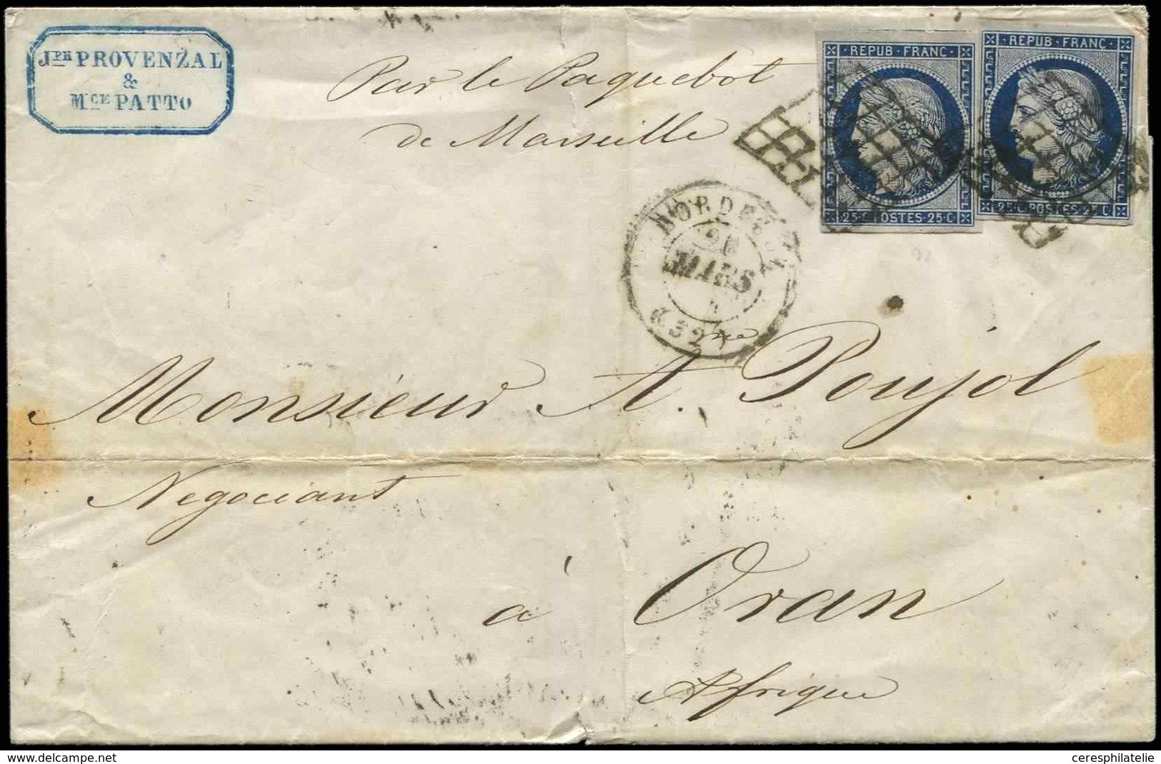 Let EMISSION DE 1849 4a   25c. Bleu Foncé (2), Obl. GRILLE S. LSC, Càd T15 BORDEAUX 20/3/51, Arr. ORAN POSS. D'AFR. "Par - 1849-1850 Ceres