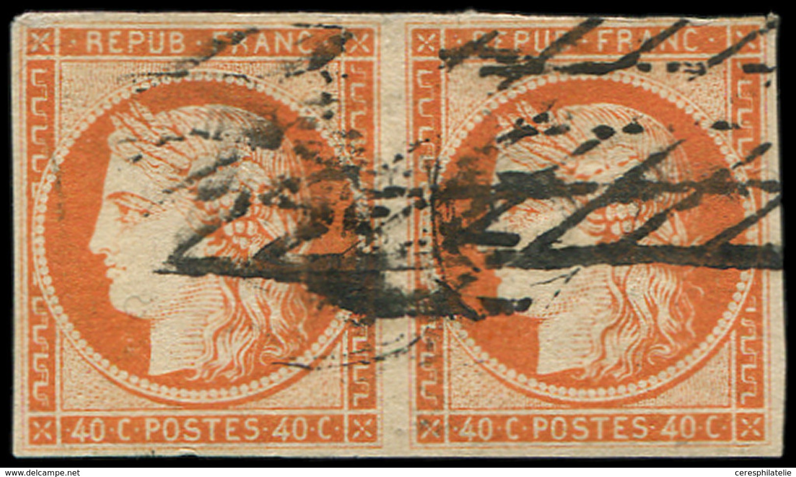 EMISSION DE 1849 5    40c. Orange, PAIRE Oblitérée GRILLE SANS FIN, TB. C - 1849-1850 Ceres