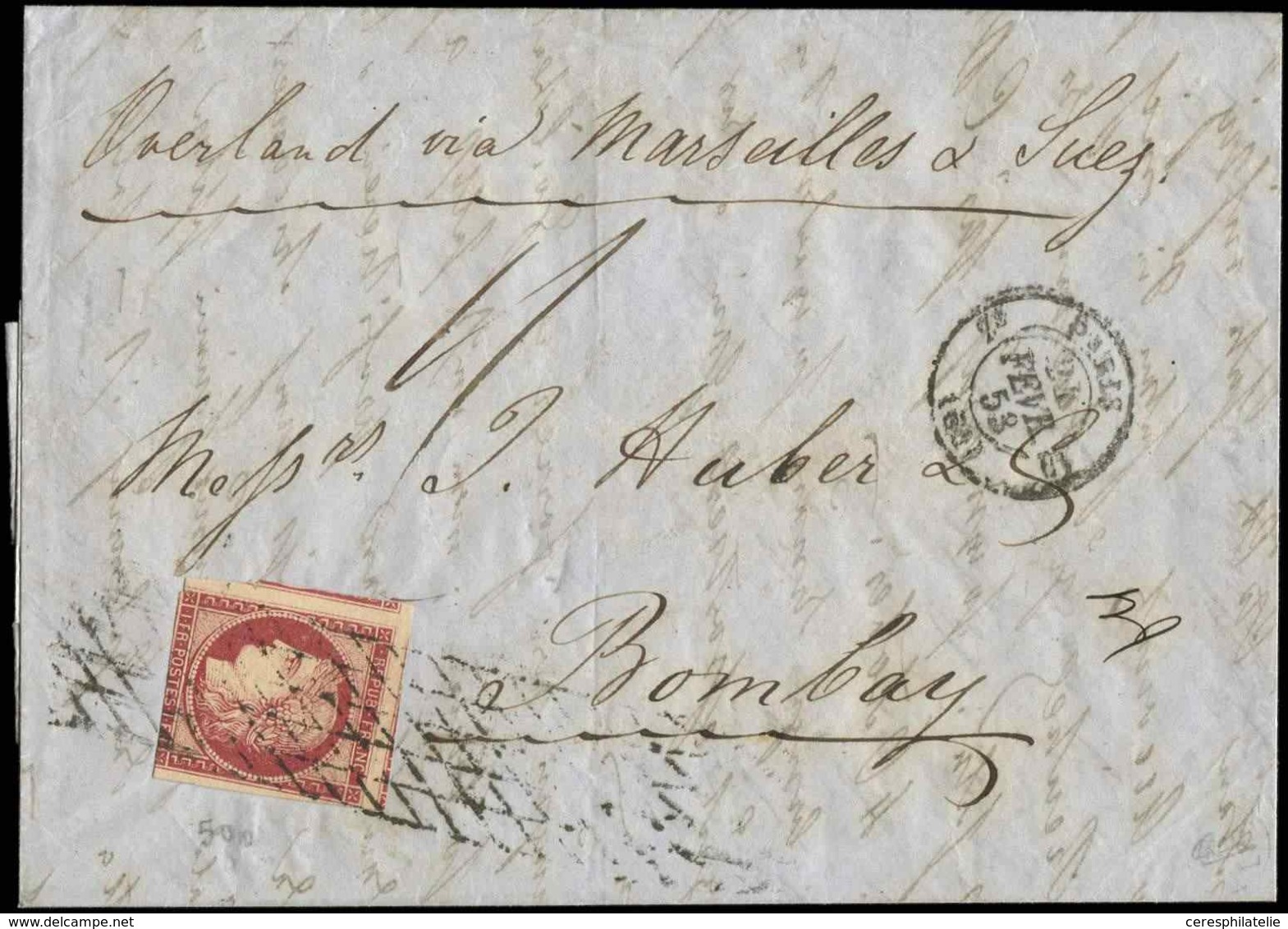 Let EMISSION DE 1849 6     1f. Carmin, Défx, Obl. GRILLE SANS FIN S. LAC, Càd PARIS 24/2/53, Pour BOMBAY, Mention "Overl - 1849-1850 Ceres