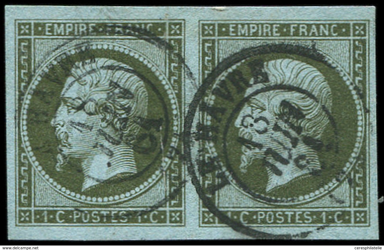 EMPIRE NON DENTELE 11    1c. Olive, PAIRE Obl. Càd T15 LE HAVRE 13/6/61, Belles Marges, TTB - 1853-1860 Napoléon III.