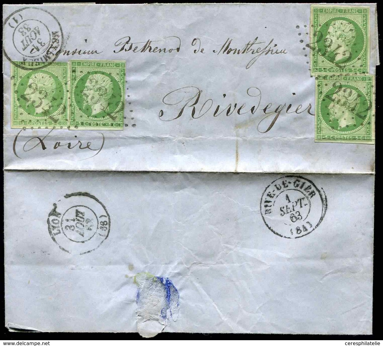 Let EMPIRE NON DENTELE 12    5c. Vert (4 Dont Un Effl.) Obl. GC 2342 S LAC, Càd MEXIMIEUX 31/8/63, Arr. RIVE De GIER 1/9 - 1853-1860 Napoléon III.