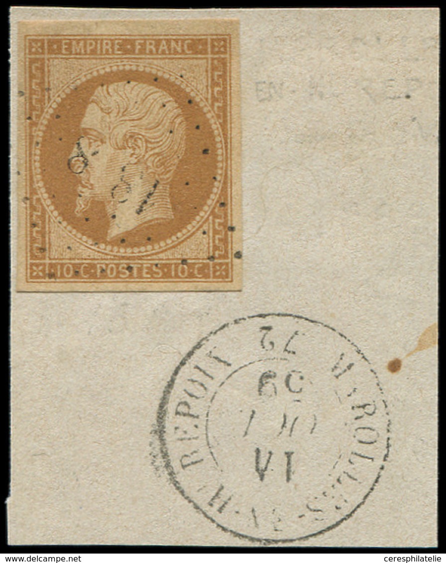 EMPIRE NON DENTELE 13A  10c. Bistre, T I, Obl. PC 18(8)8 Sur Fragt, Càd T15 MAROLLES-EN-HUREPOIX 14/10/59 (indice 15), T - 1853-1860 Napoléon III.