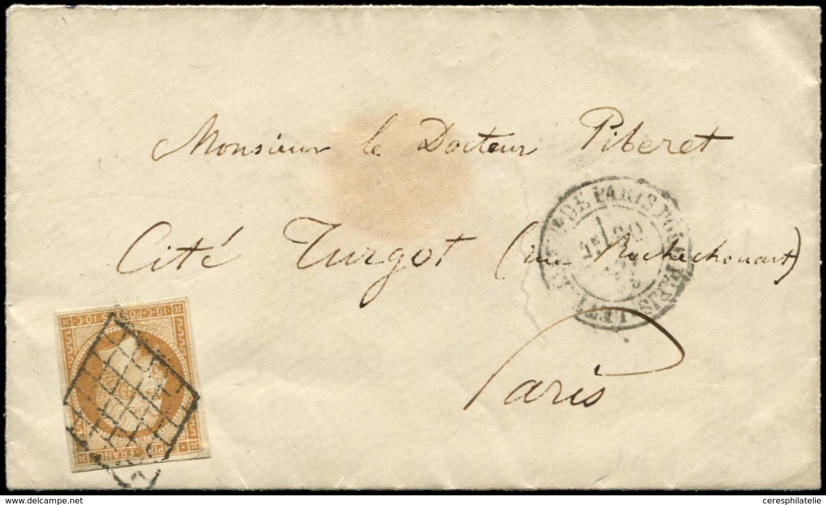Let EMPIRE NON DENTELE 13A  10c. Bistre Obl. GRILLE S. Env. Locale, Càd LETTRE AFFie De PARIS POUR PARIS, TB - 1853-1860 Napoléon III.