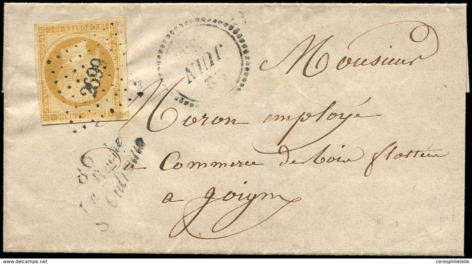 Let EMPIRE NON DENTELE 13Aa 10c. Jaune Citron T I, Obl. PC 2699 S. LSC, Cursive 83/LA ROCHE/St CIDROINE Et Dateur B 22/6 - 1853-1860 Napoléon III.