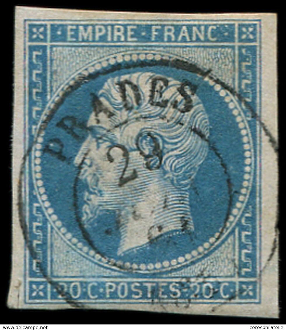 EMPIRE NON DENTELE 14B  20c. Bleu, T II, Obl. Càd T15 PRADES 29/(6/61), Frappe TB/TTB - 1853-1860 Napoléon III.