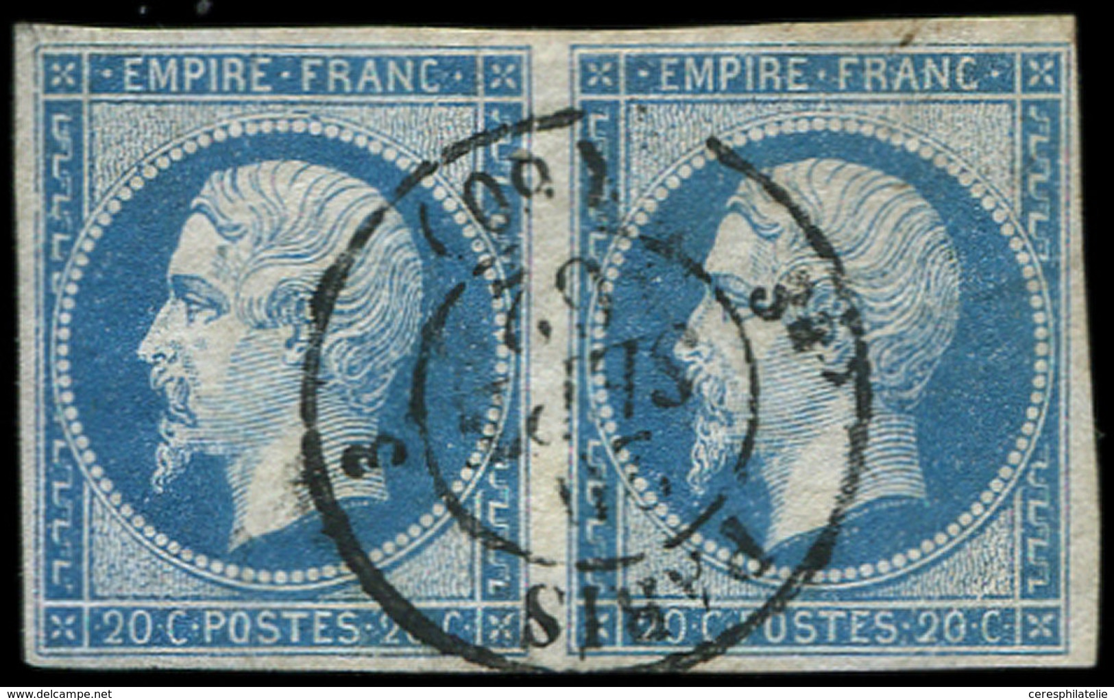 EMPIRE NON DENTELE 14B  20c. Bleu, T II, PAIRE Obl. Càd 3e PARIS 3 20/9/62, Frappe TTB - 1853-1860 Napoléon III.