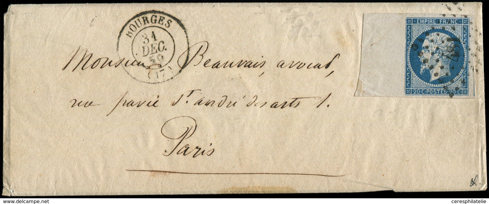 Let EMPIRE NON DENTELE 14A  20c. Bleu, Grand Bdf, Obl. PC 481 S. Env., Càd T15 BOURGES 31/12/59, Superbe - 1853-1860 Napoleon III
