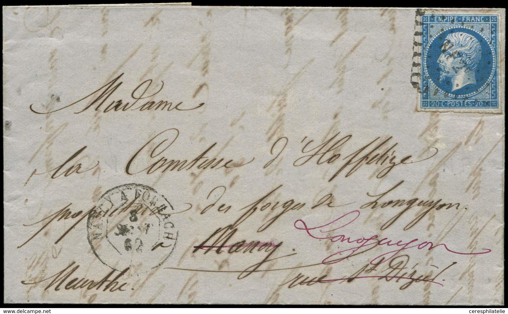 Let EMPIRE NON DENTELE 14A  20c. Bleu Obl. Los. NF2e S. LAC, Càd Amb. De Jour NANCY A FORBACH 8/9/62, TB - 1853-1860 Napoléon III.