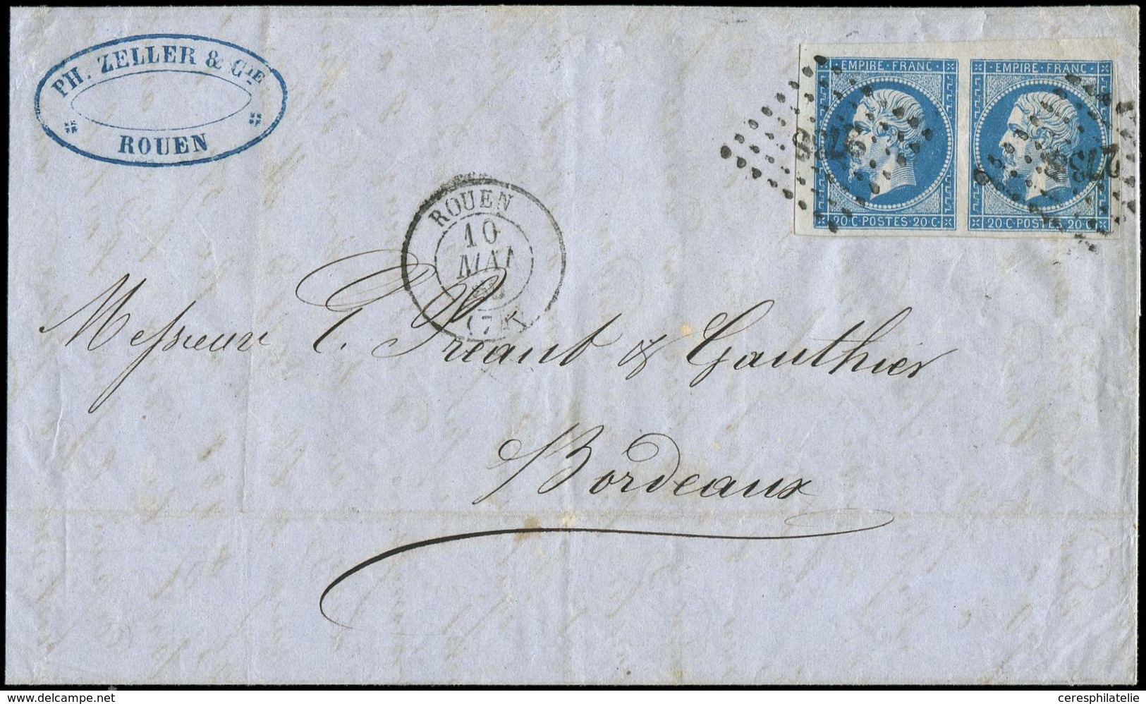 Let EMPIRE NON DENTELE 14A  20c. Bleu, T I, PAIRE Petit Bdf, Obl. PC 2738 Sur LAC, Càd T15 ROUEN 10/5/60, TTB/Superbe - 1853-1860 Napoléon III.