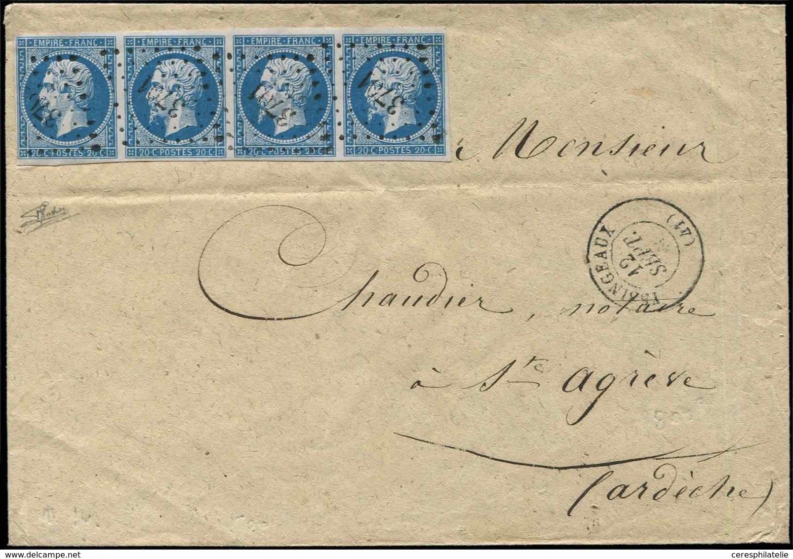 Let EMPIRE NON DENTELE 14A  20c. Bleu, BANDE De 4 Obl. PC 3701 S. Env., Càd T15 YSSINGEAUX 12/9/60, TTB - 1853-1860 Napoleon III