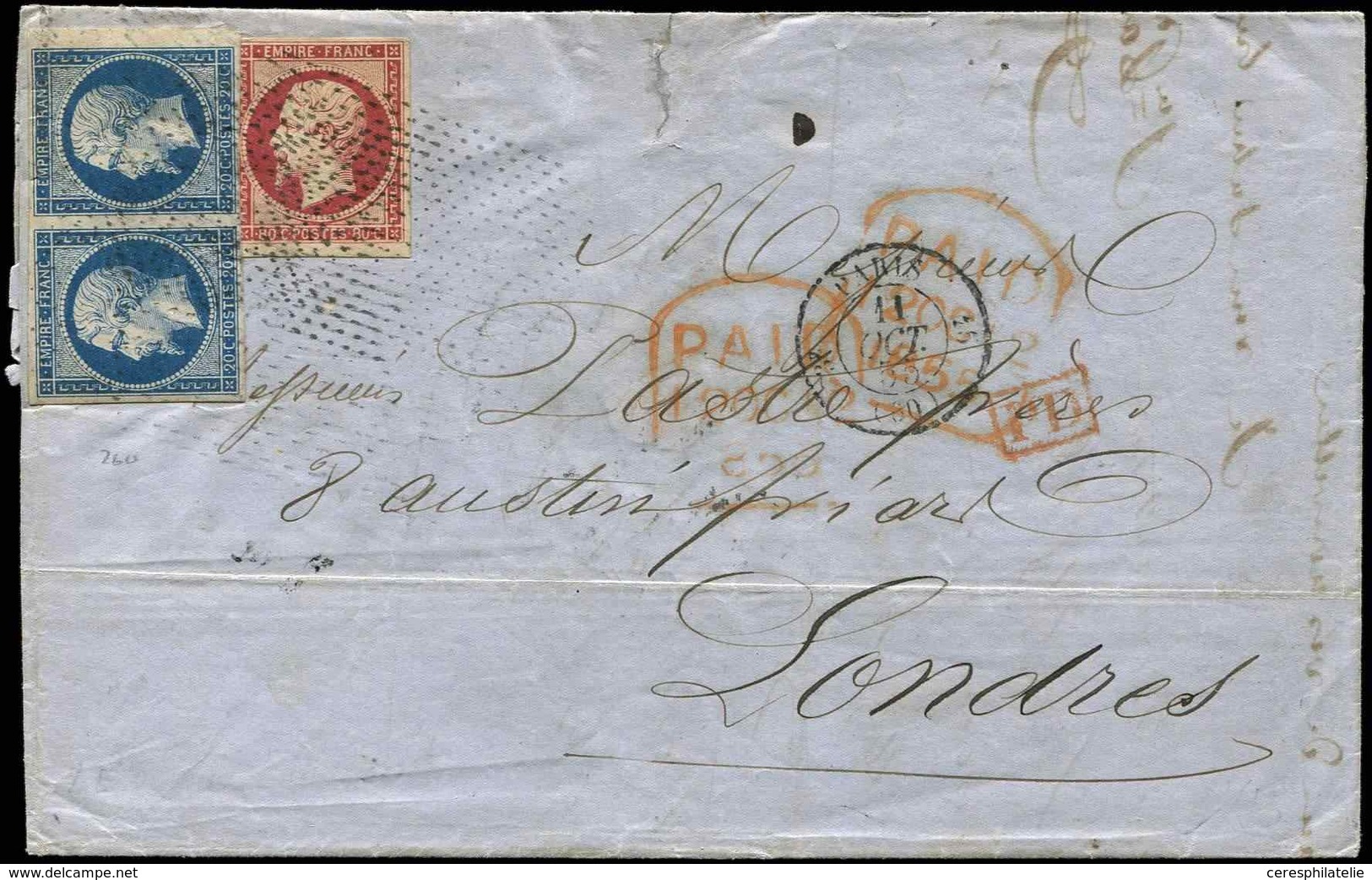 Let EMPIRE NON DENTELE 14A  20c. Bleu PAIRE + N°17A Obl. Pointillés S. LAC, Càd Paris 11/10/55, TRIPLE PORT Pour Londres - 1853-1860 Napoléon III.