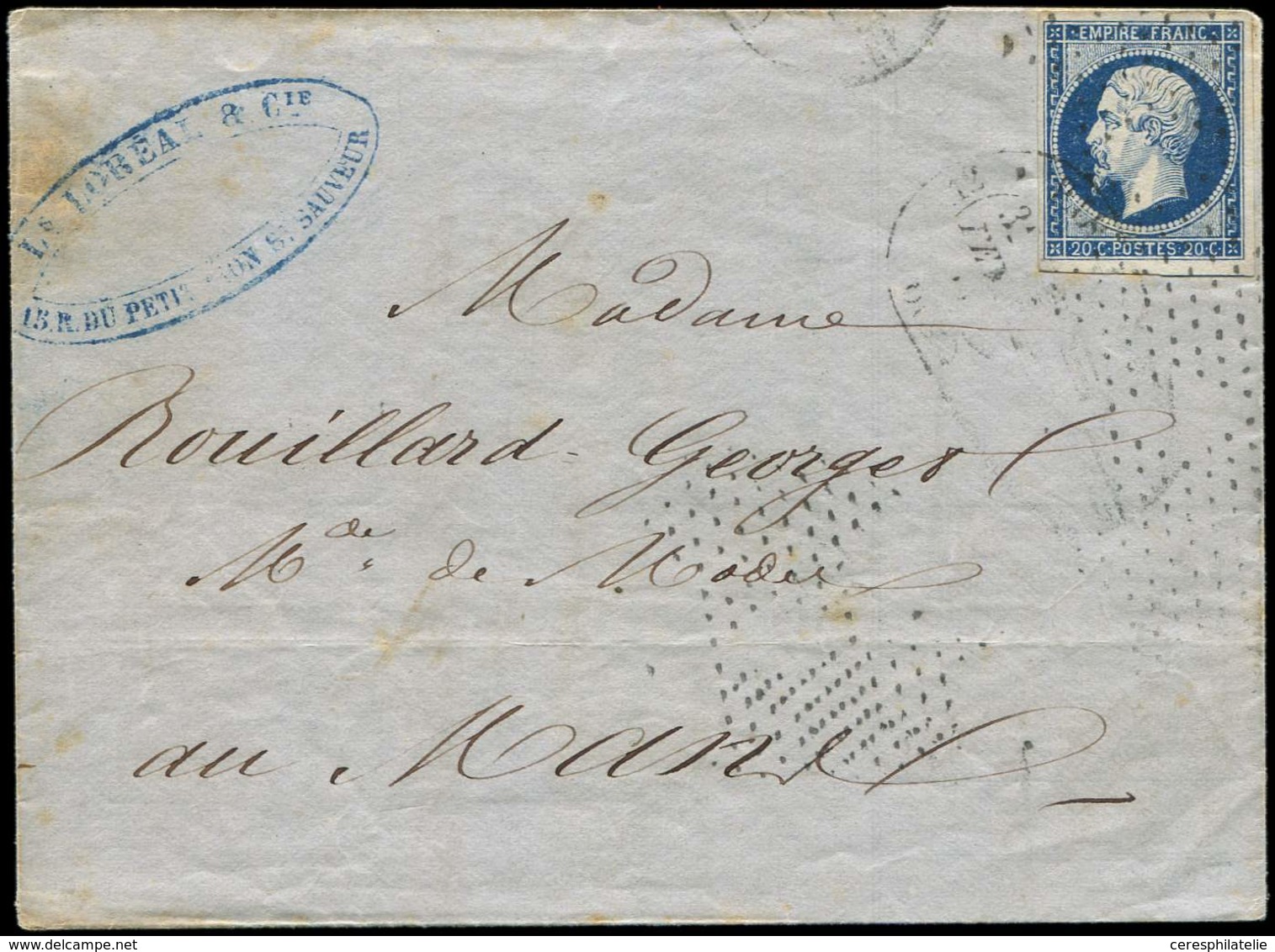 Let EMPIRE NON DENTELE 14Aa 20c. Bleu Foncé Obl. Roulette ACCORDEON S. LAC De Paris Au Mans 16/2/56, TB - 1853-1860 Napoléon III.