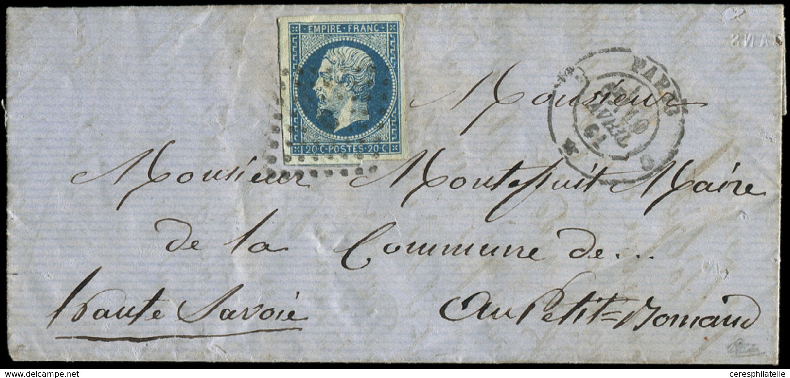 Let EMPIRE NON DENTELE 14Ad 20c. Bleu Sur Vert, T I, Obl. Losange C Sur LAC, Càd Paris 10/4/61, TB. C - 1853-1860 Napoléon III.