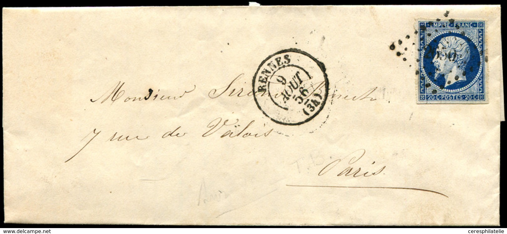 Let EMPIRE NON DENTELE 14Ad 20c. Bleu Foncé Sur VERT, T I, Obl. PC 2650 S. LAC, Càd T15 RENNES 9/8/56, TTB - 1853-1860 Napoleone III