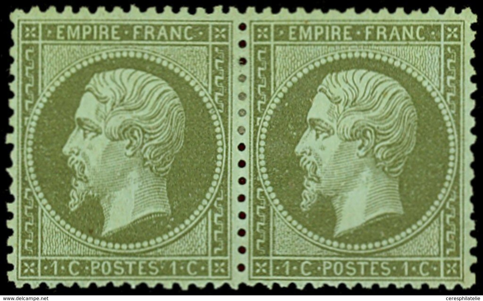 (*) EMPIRE DENTELE 19    1c. Olive, PAIRE, Centrage Parfait, Neuf Sans Gomme, TB - 1862 Napoléon III.