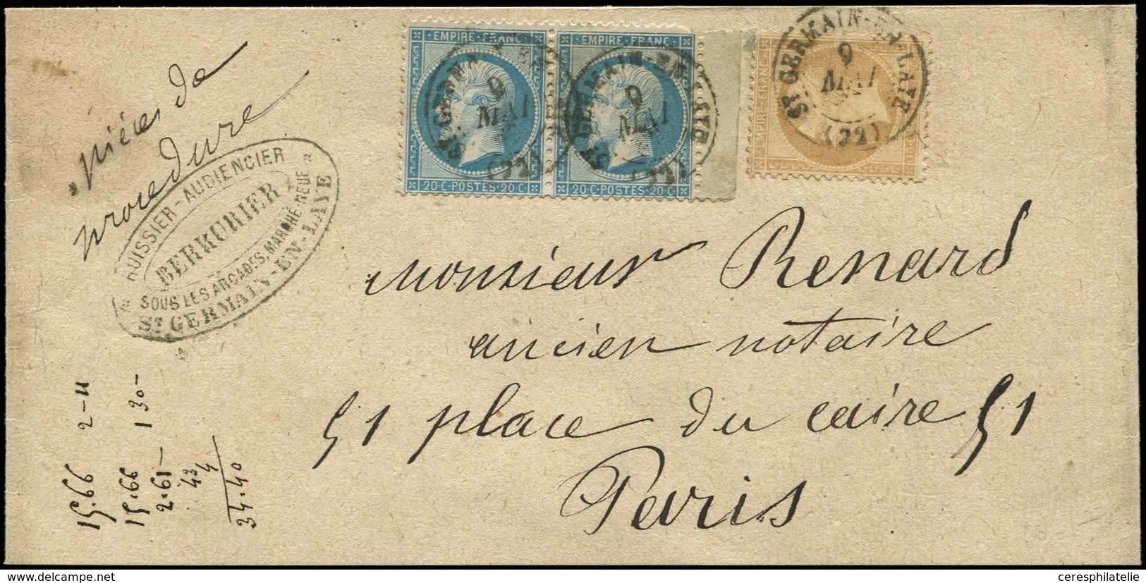 Let EMPIRE DENTELE 21 Et 22, 10c. Bistre Et 20c. Bleu PAIRE, Obl. Càd T15 St GERMAIN En LAYE 9/5/- S. Bande De "pièces D - 1862 Napoléon III.