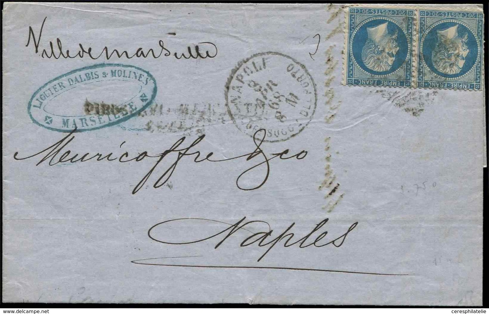 Let EMPIRE DENTELE 22   20c. Bleu, PAIRE Obl. GRILLE De NAPLES S. LAC De Marseille, Càd NAPOLI 3/4/68, TB - 1862 Napoléon III.