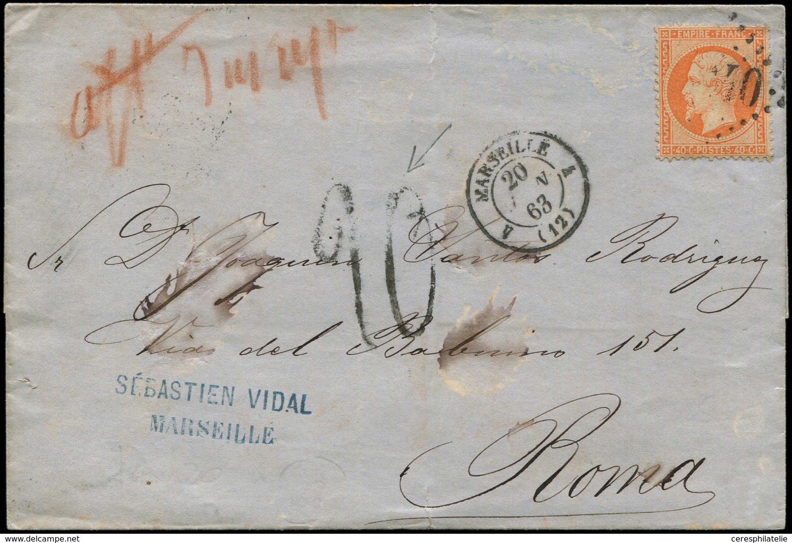 Let EMPIRE DENTELE 23   40c. Orange, Obl. GC 2240 S. LSC, Càd Marseille 20/11/63, "afft Insuff.", Taxe 20 Et Arr. ROMA,  - 1862 Napoleon III