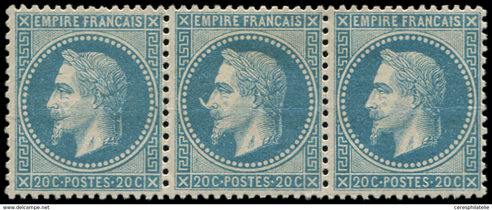 * EMPIRE LAURE 29Bb 20c. Bleu, T II, "A LA CORNE", Au Milieu D'une BANDE De 3, Petite Froiss. Horiz. Sinon Frais Et TB - 1863-1870 Napoleon III With Laurels