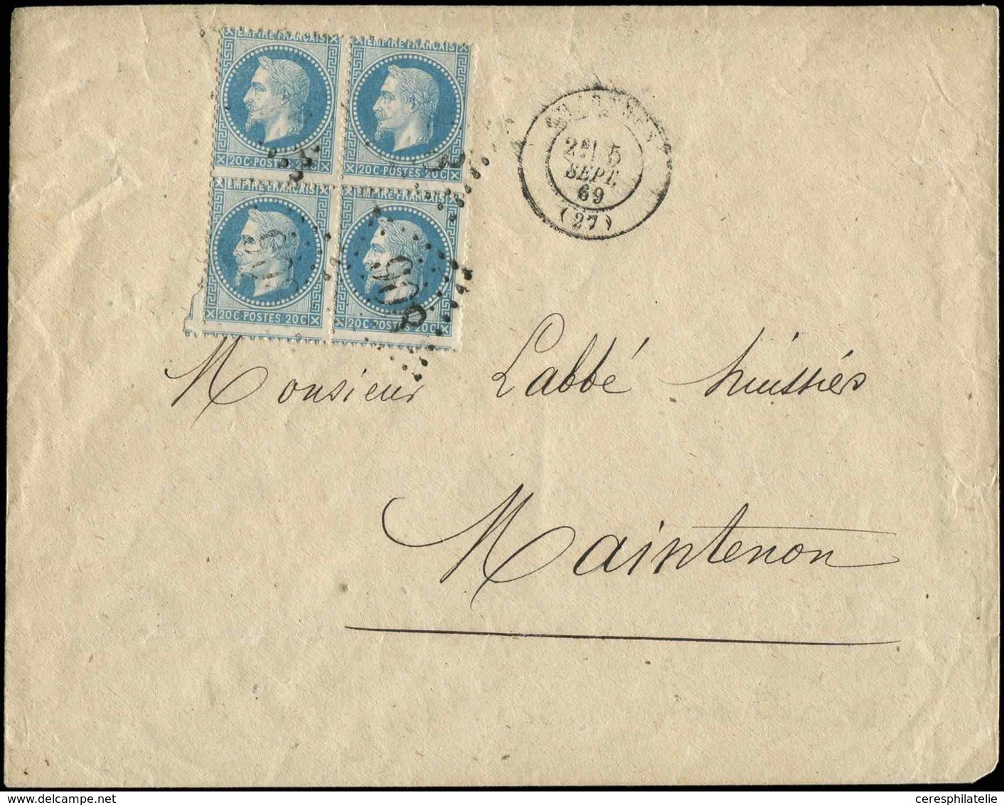 Let EMPIRE LAURE 29A  20c. Bleu, T I, BLOC De 4 Obl. GC 908 S. Env., Càd T17 CHARTRES 5/9/69, TB - 1863-1870 Napoléon III. Laure
