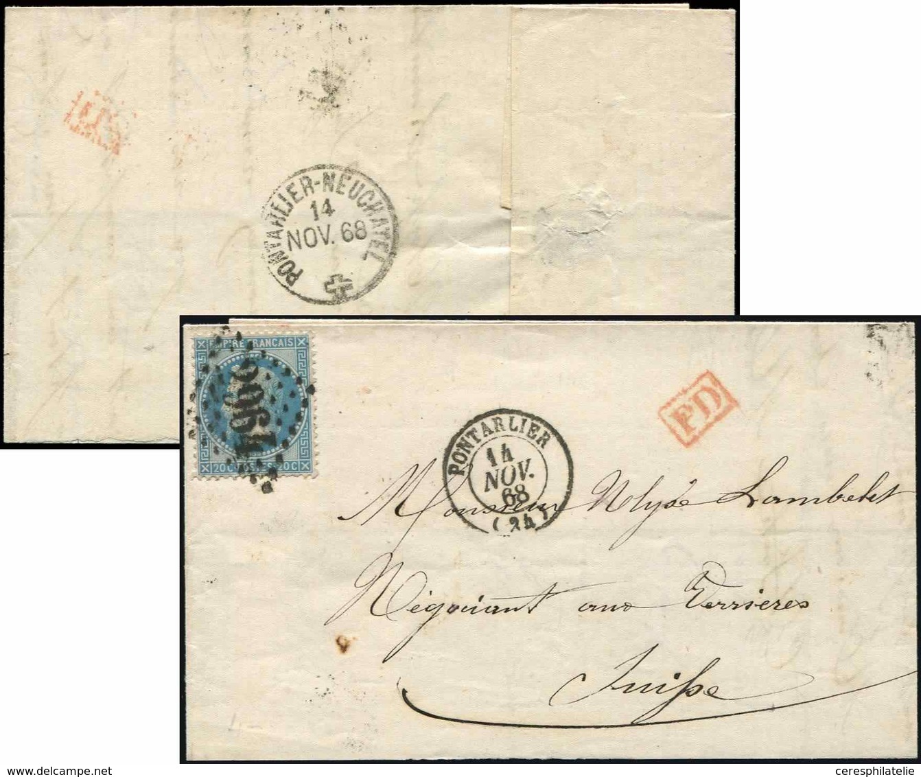 Let EMPIRE LAURE 29B  20c. Bleu Obl. GC 2964 S. LAC, Càd T15 PONTARLIER 14/11/68 Et PD, Tarif Frontalier Pour La Suisse, - 1863-1870 Napoléon III. Laure