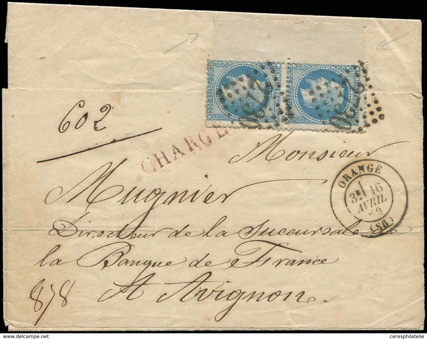 Let EMPIRE LAURE 29B  20c. Bleu, T II, PAIRE Avec Grand BORD De FEUILLE, Obl. GC 2730 S. LAC CHARGE, Càd T17 ORANGE 16/4 - 1863-1870 Napoléon III. Laure