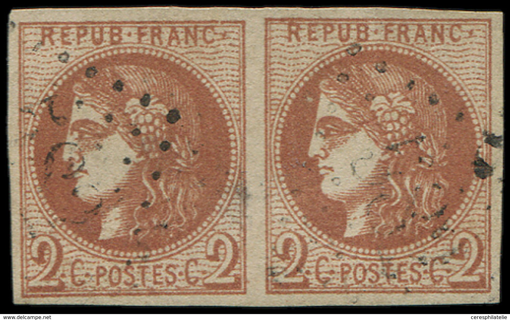 EMISSION DE BORDEAUX 40B   2c. Brun-rouge, R II, PAIRE Obl. GC 532, Frappe Légère, TTB. J - 1870 Ausgabe Bordeaux