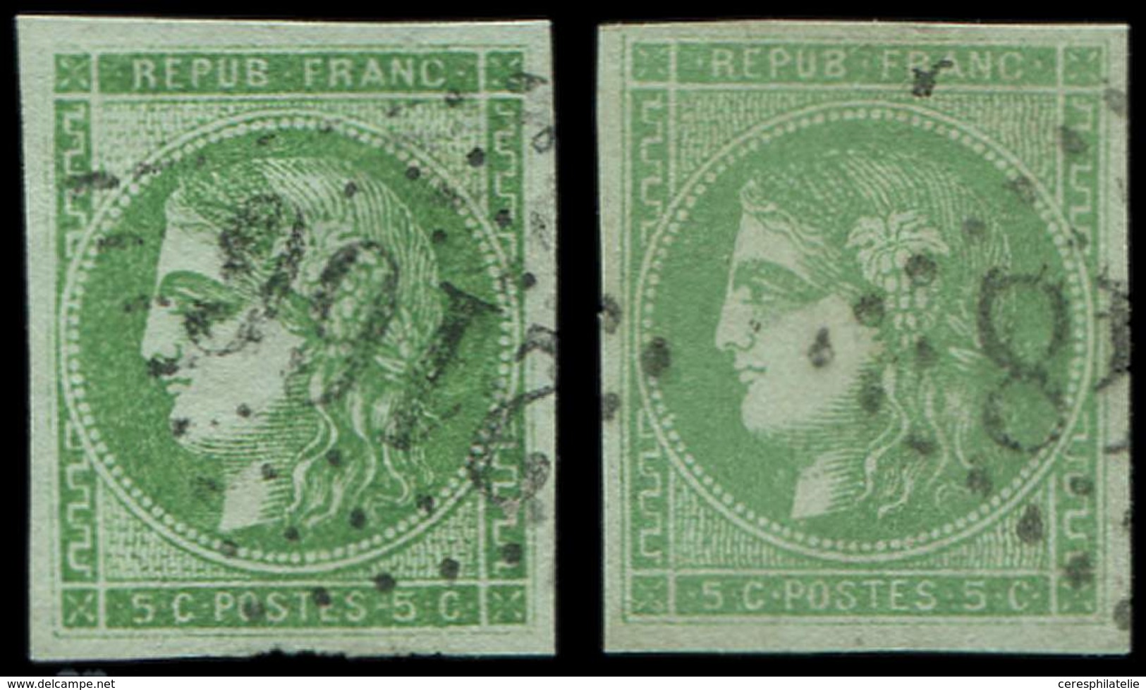 EMISSION DE BORDEAUX 42B   5c. Vert-jaune, R II, 2 Nuances Très Différentes Obl. GC, TB - 1870 Ausgabe Bordeaux