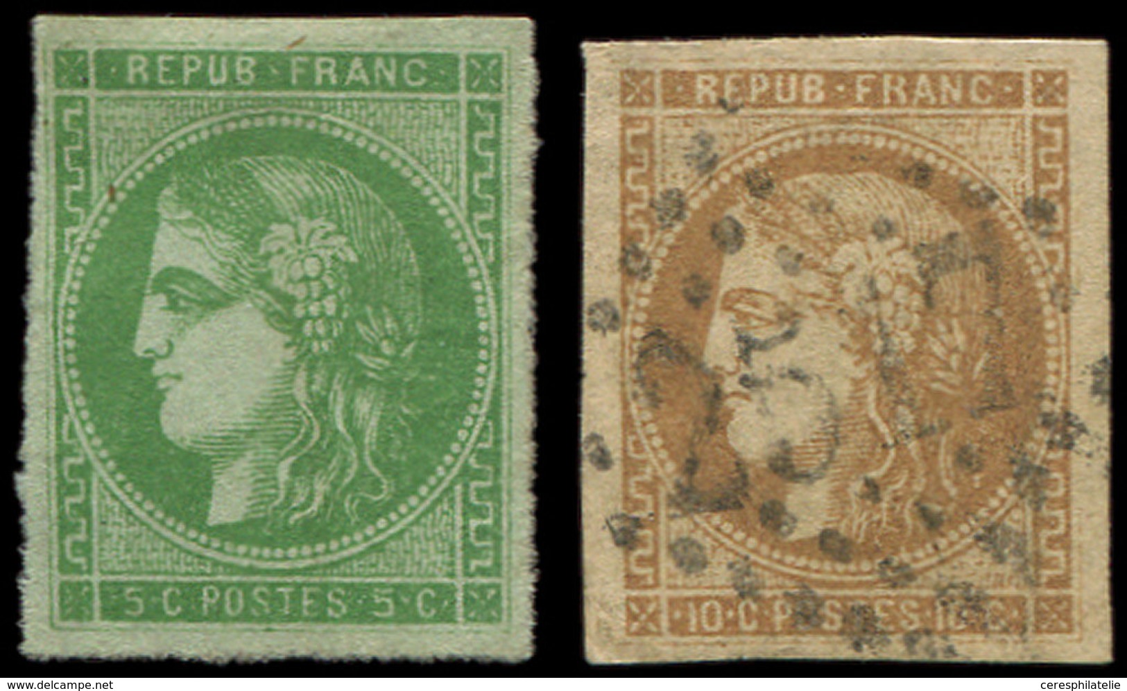 EMISSION DE BORDEAUX 42B Et 43A, 5c. Vert-jaune, R II (*) Et 10c. Bistre R I, Obl. GC 2517, TB - 1870 Ausgabe Bordeaux