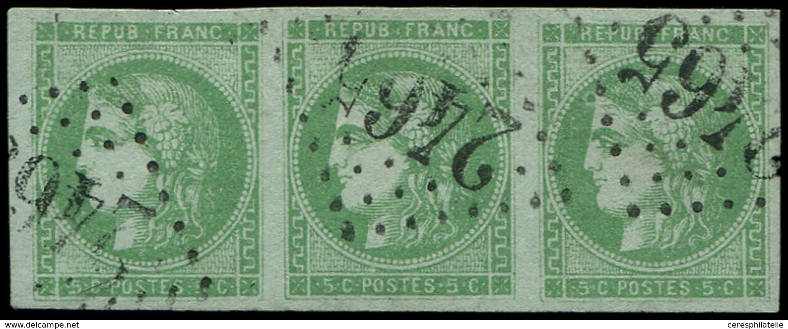 EMISSION DE BORDEAUX 42B   5c. Vert-jaune, R II 3e état, BANDE De 3 Obl. GC 2465, TTB - 1870 Bordeaux Printing