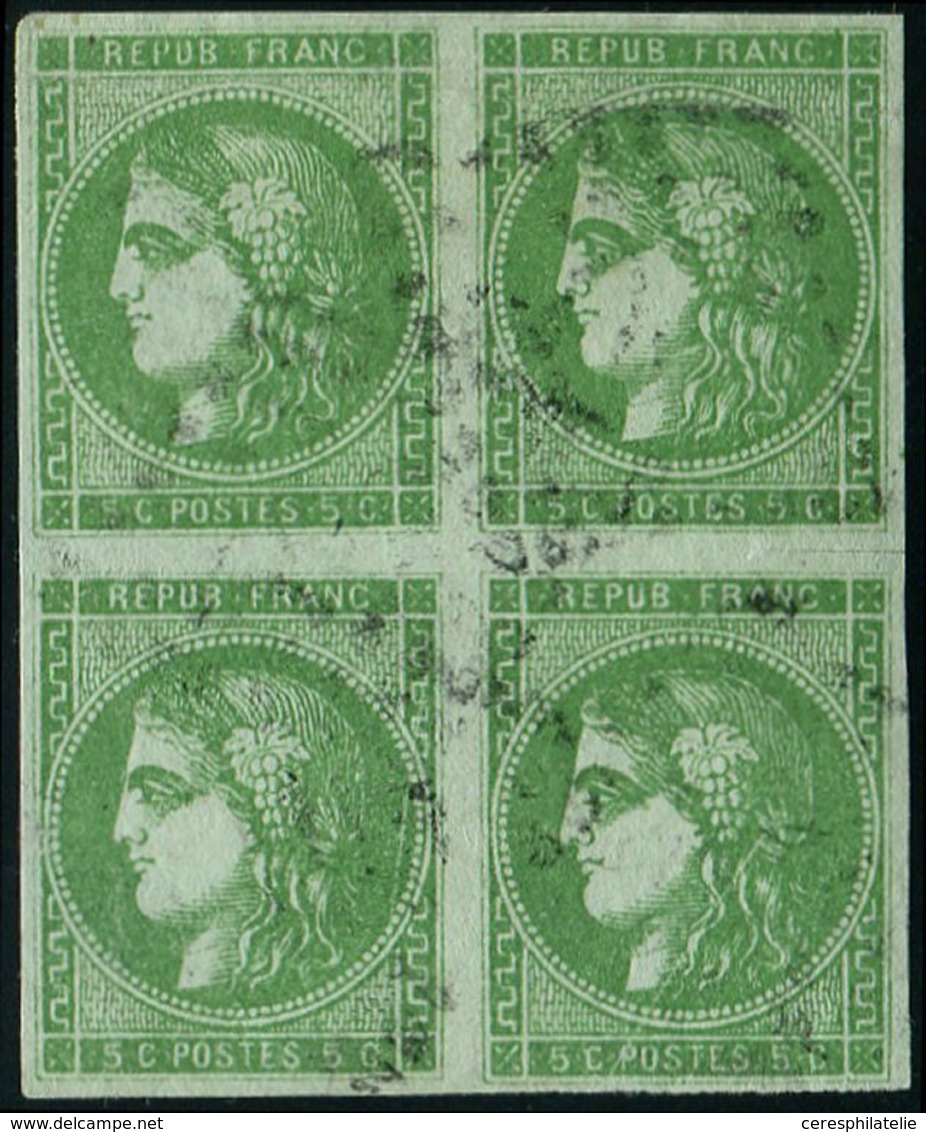 EMISSION DE BORDEAUX 42B   5c. Vert-jaune, R II 2e état, BLOC De 4 Obl., Petite Froiss. S. Paire Sup. Mais Néanmoins Trè - 1870 Ausgabe Bordeaux