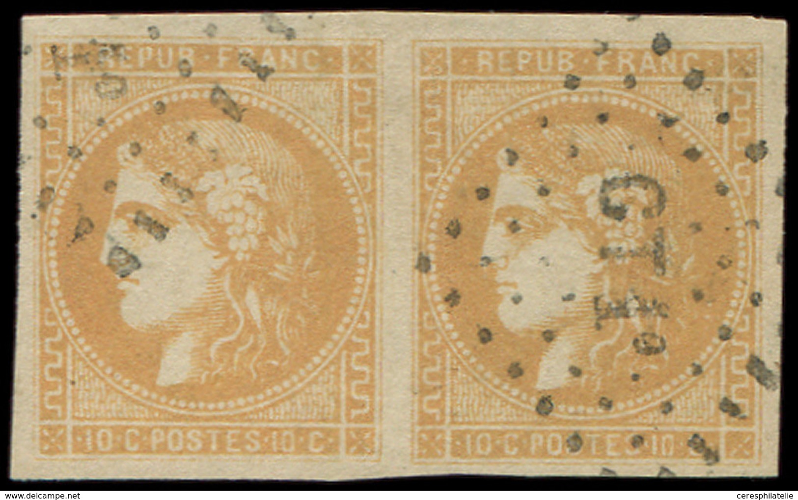 EMISSION DE BORDEAUX 43B  10c. Bistre Jaune, R II, PAIRE Obl. Ambulant CT1°, TTB - 1870 Ausgabe Bordeaux