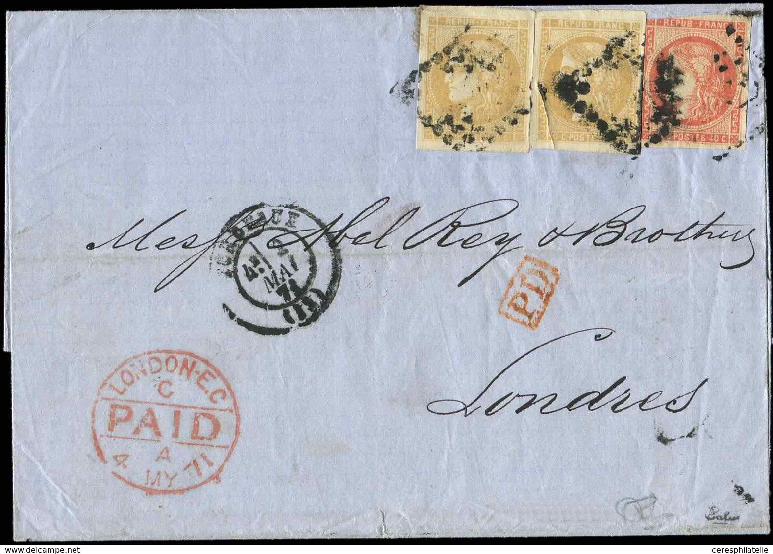 Let EMISSION DE BORDEAUX 43Bc Et 48, 10c. CITRON (2) Et 40c. Orange, Obl. GC 532 S. LSC, Càd Bordeaux 2/5/71, Arr. LONDO - 1870 Ausgabe Bordeaux