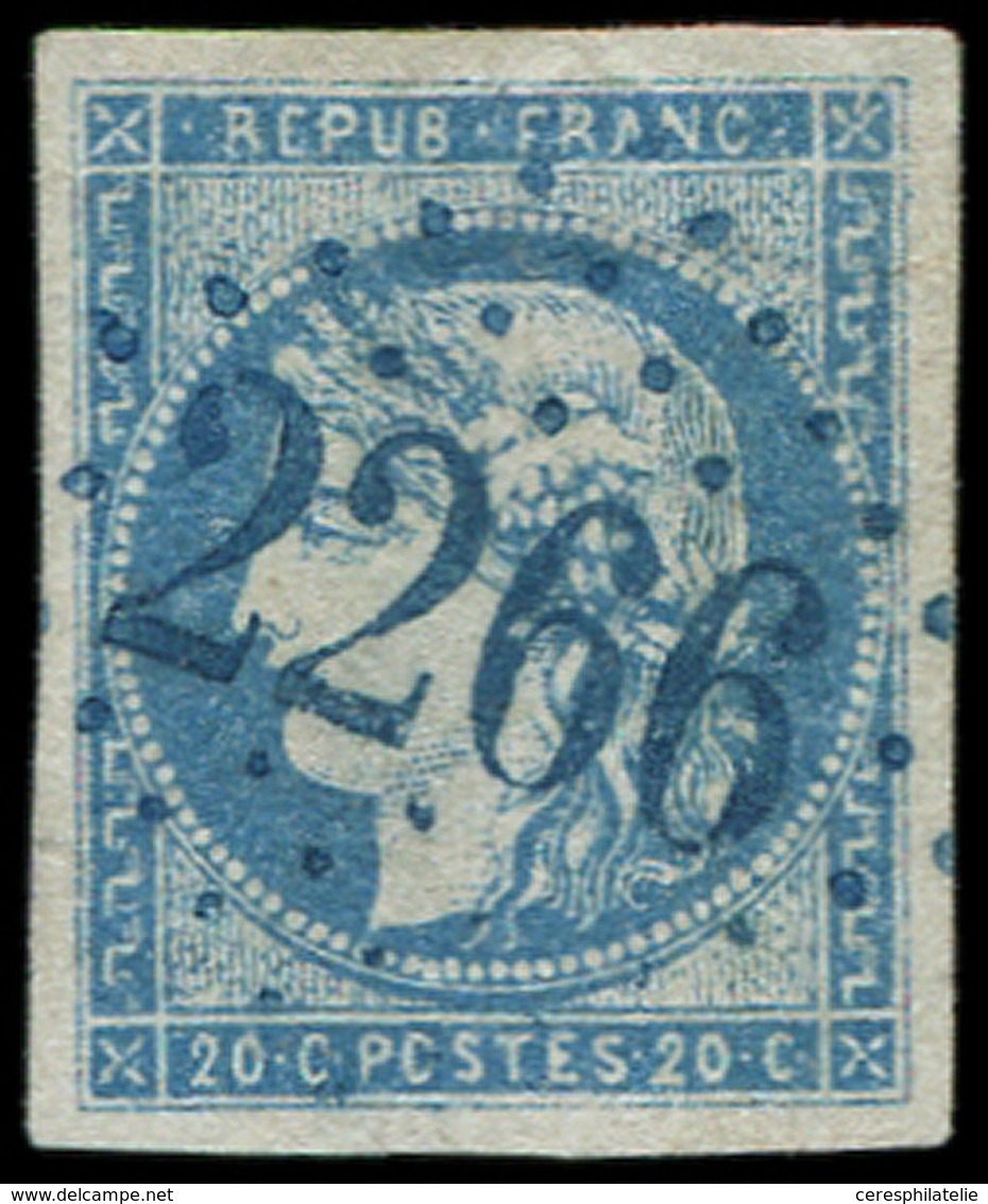 EMISSION DE BORDEAUX 44A  20c. Bleu, T I, R I, Obl. GC Bleu 2266, Pelurage, Mais Frappe Superbe, B/TB - 1870 Ausgabe Bordeaux