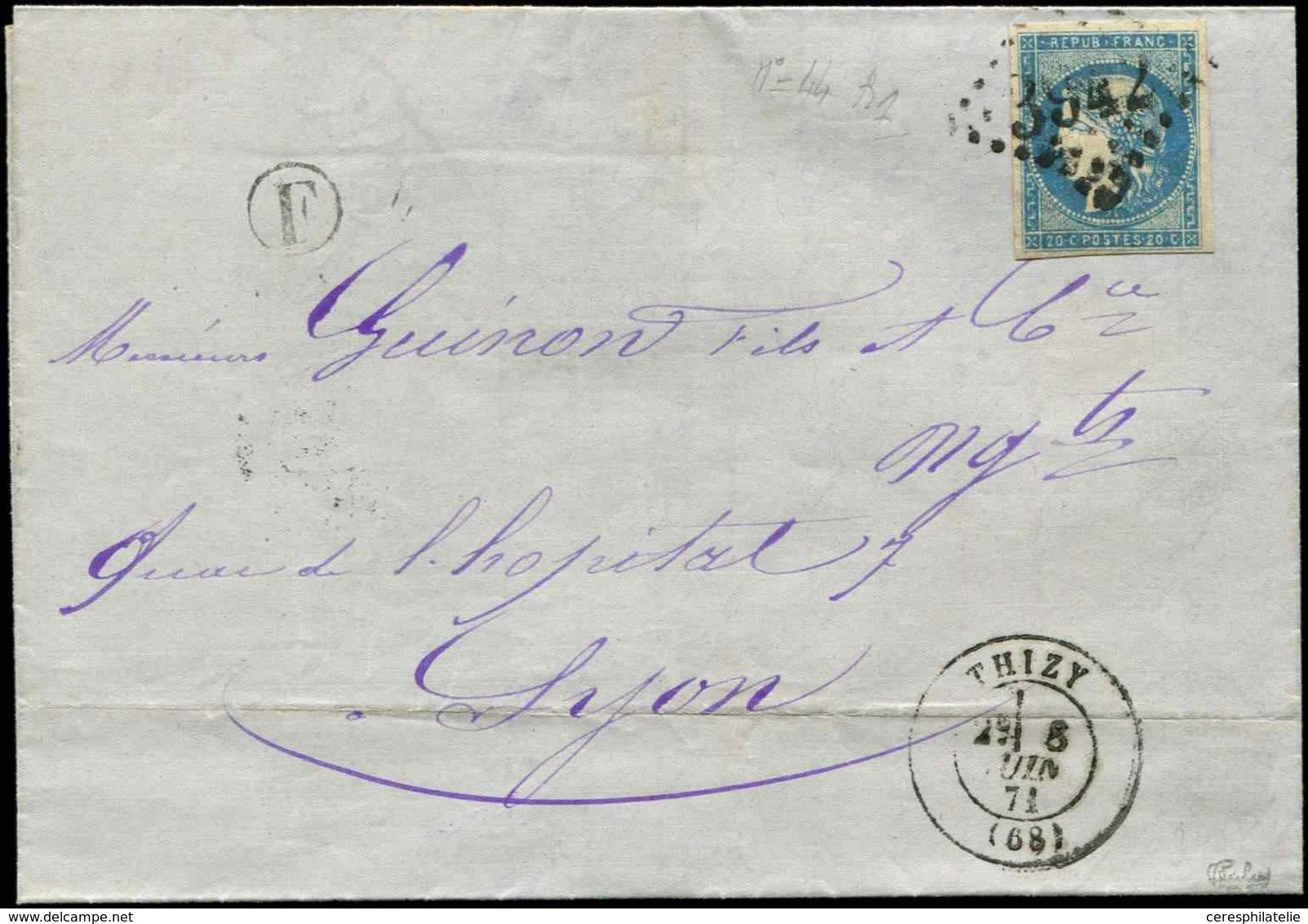 Let EMISSION DE BORDEAUX 44A  20c. Bleu, T I, R I, Obl. GC 3942 S. LAC, Càd T17 THIZY 6/6/71, TB. C - 1870 Ausgabe Bordeaux