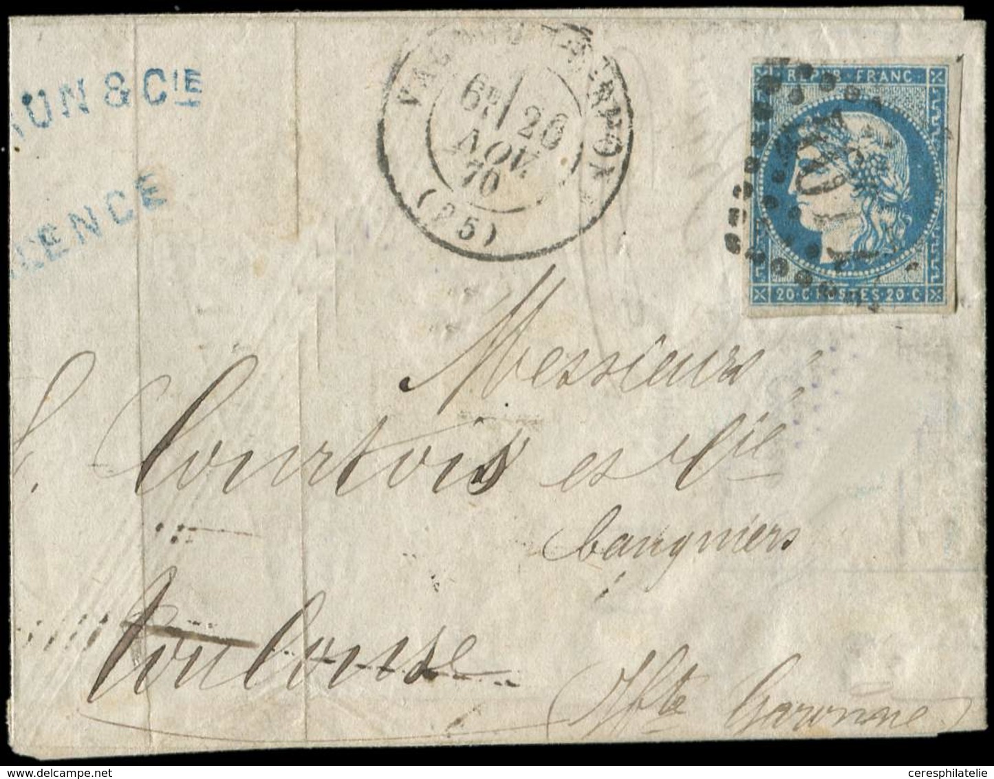 Let EMISSION DE BORDEAUX 44A  20c. Bleu, T I, R I, Obl. GC 4077 Sur Partie De Lettre, Càd T17 VALENCE-S-RHONE 20/11/70,  - 1870 Ausgabe Bordeaux
