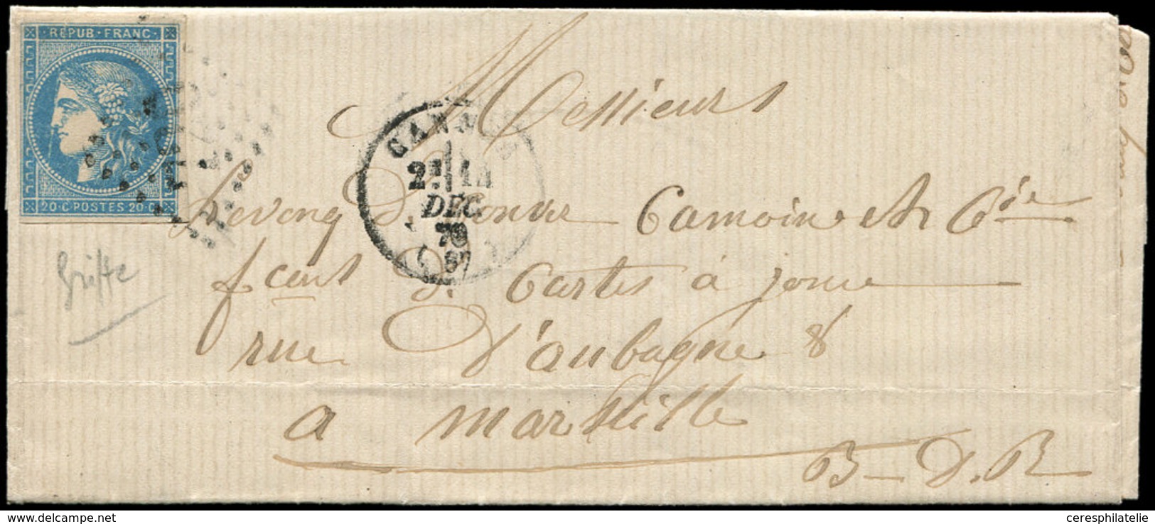 Let EMISSION DE BORDEAUX 45A  20c. Bleu, T II, R I, Variété "griffe Blanche", Obl. GC 720 S. LAC, Càd T16 CANNES 14/12/7 - 1870 Ausgabe Bordeaux