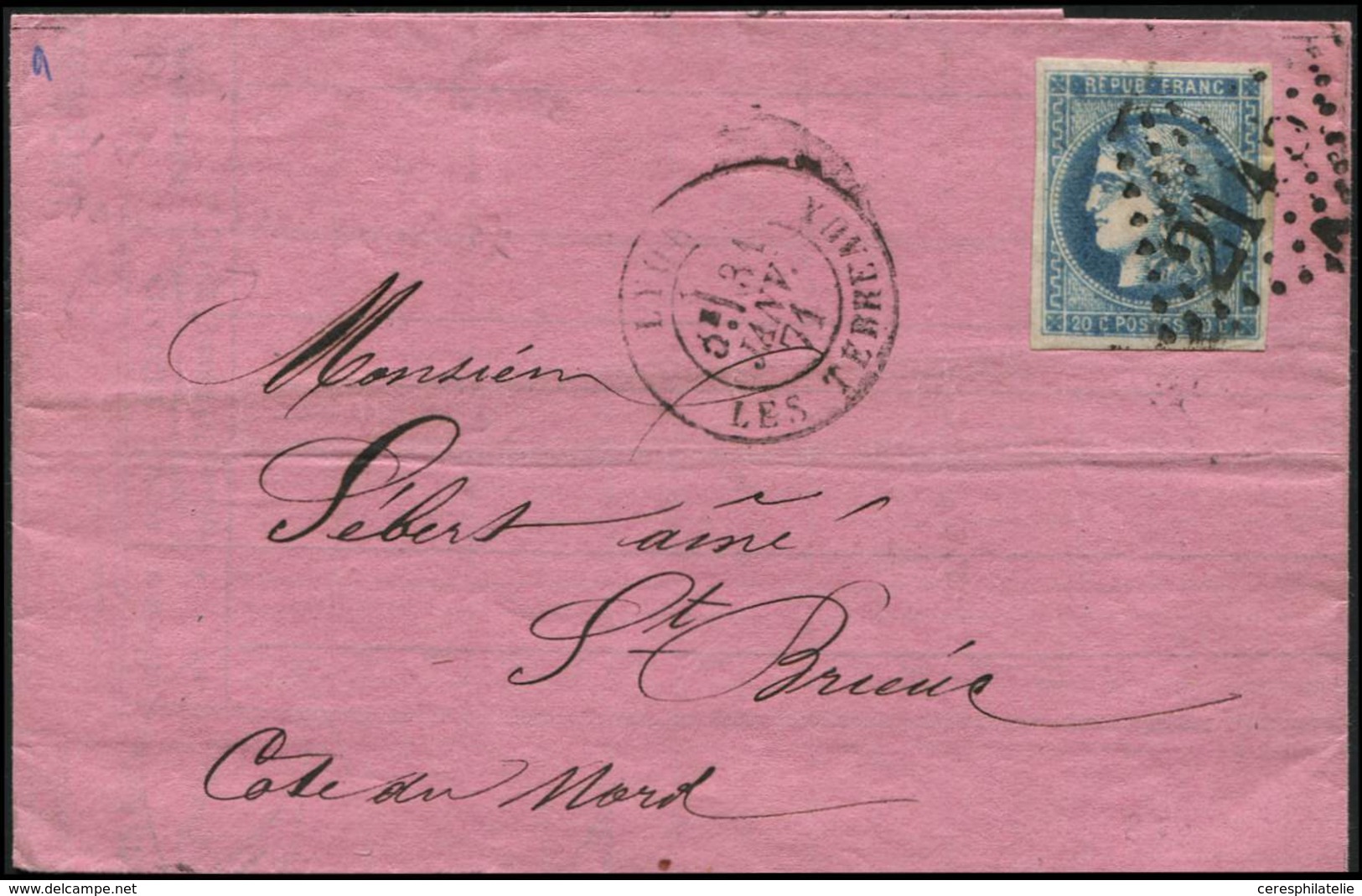 Let EMISSION DE BORDEAUX 46B  20c. Bleu, T III, R II, SUPERBE NUANCE, Obl. GC 2145A S. LAC, Càd Lyon Les Terreaux 31/1/7 - 1870 Ausgabe Bordeaux