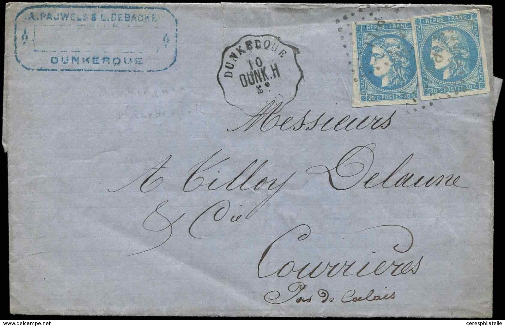 Let EMISSION DE BORDEAUX 46B  20c. Bleu, T III, R II, 2 Ex. Obl. Amb. P.LIL S. LAC Du 10/8/71, Cachet Conv. St. DUNKERQU - 1870 Ausgabe Bordeaux