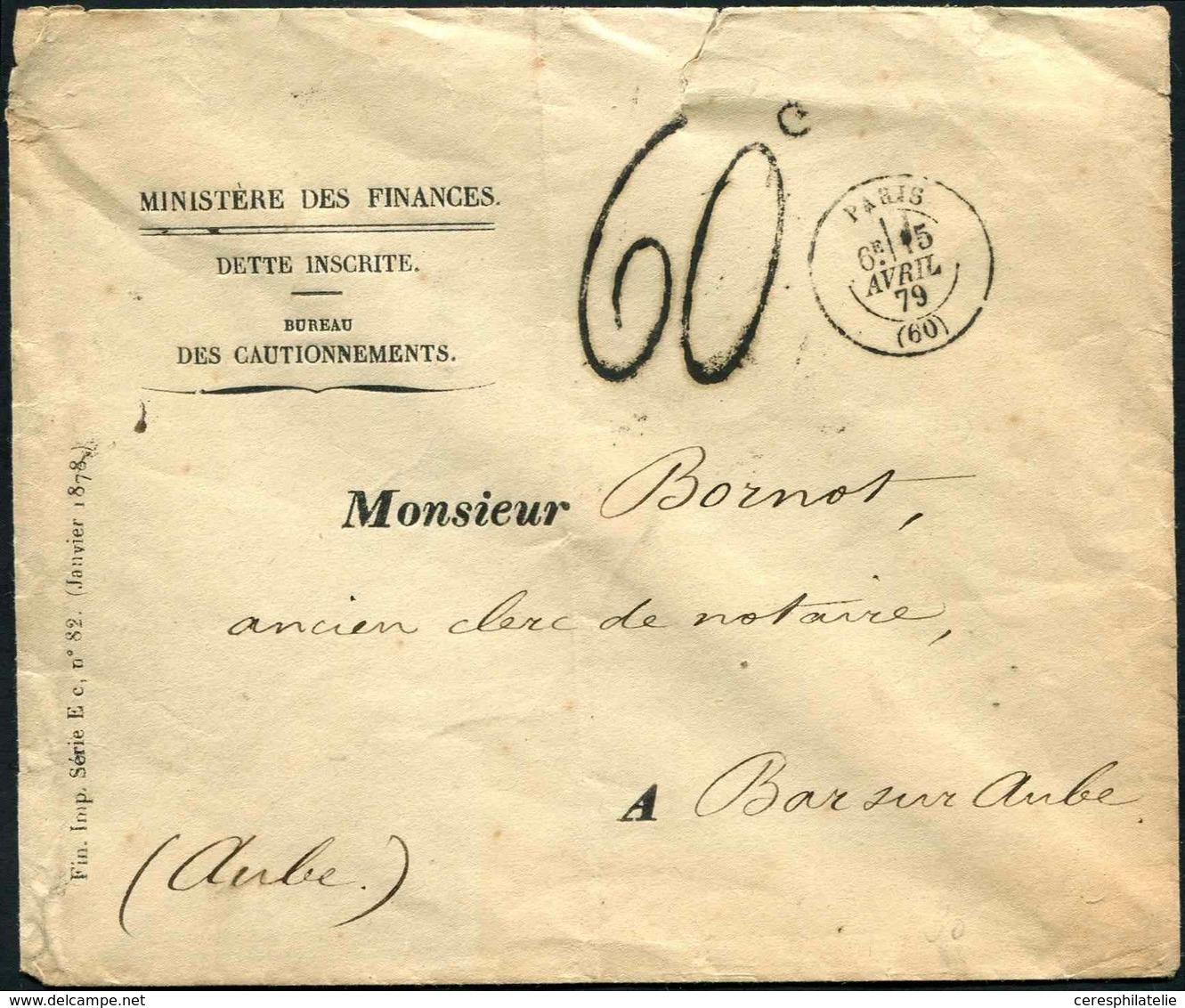 Let LETTRES DE PARIS Càd PARIS (60) 15/4/79 S. Env., Taxe Tampon 60c., TTB - 1849-1876: Klassik