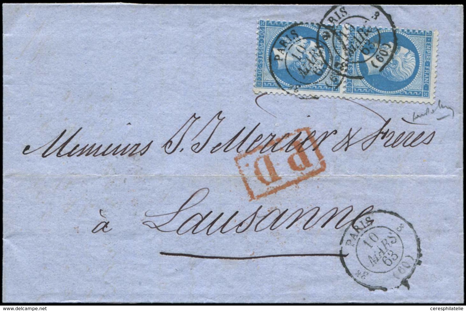 Let LETTRES DE PARIS N°22 PAIRE Obl. Càd T1350 3e PARIS 3 10/3/63 S. LAC, TTB - 1849-1876: Klassik