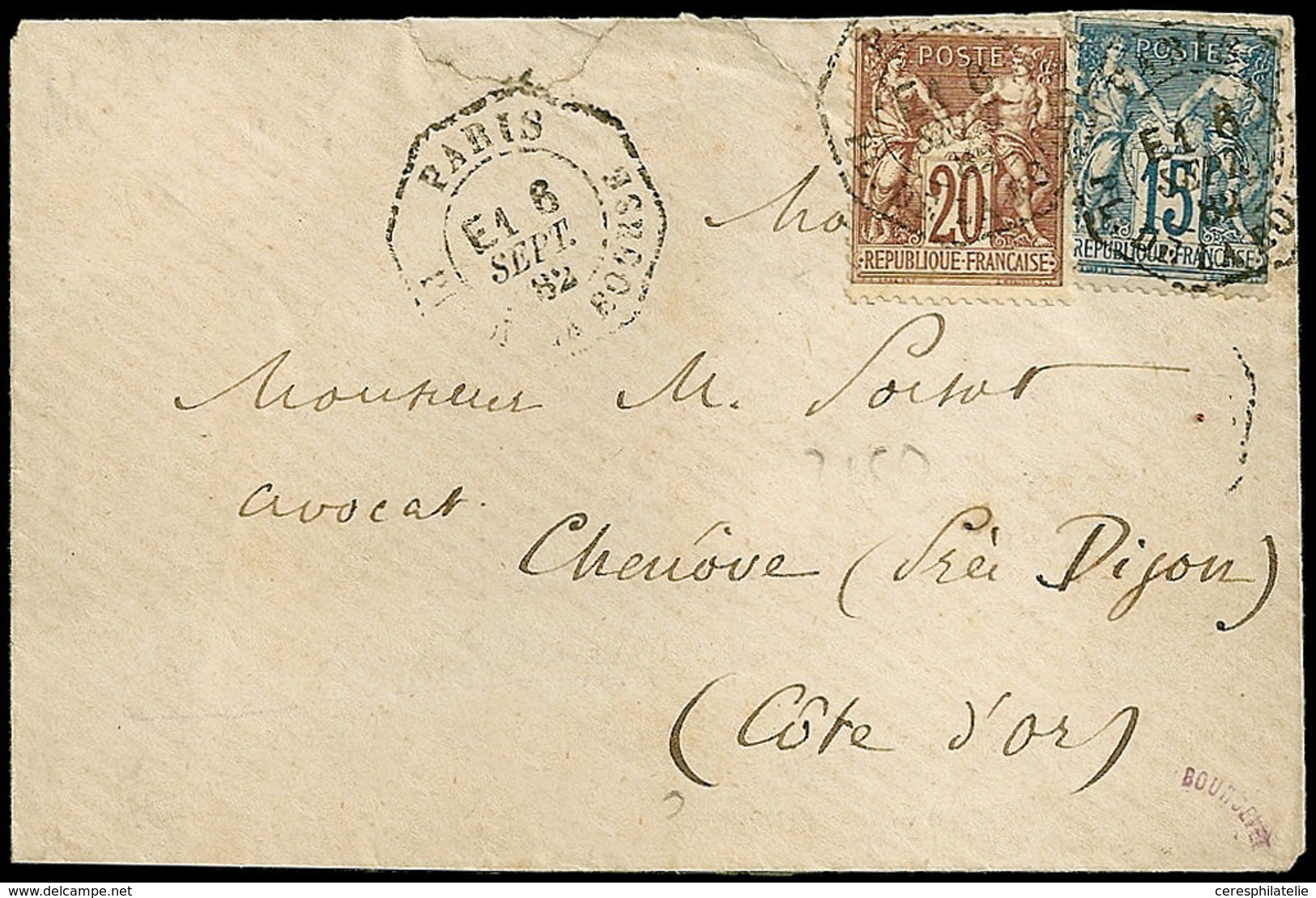 Let LETTRES DE PARIS N°67 20c. Brun Lilas + N°90 15c. Bleu, Obl. Càd Octog. Pl. De La Bourse E1 8/9/82 S. Env., TB - 1849-1876: Klassik