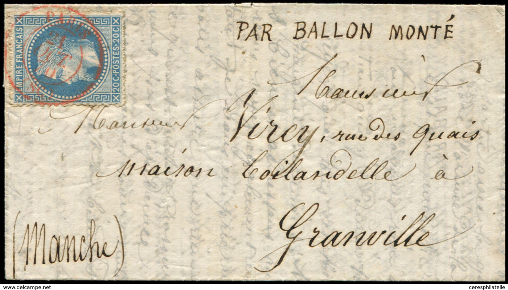 Let BALLONS MONTES N°29B Obl. Càd ROUGE PARIS (SC) 21/10/70 S. LAC, Arr. GRANVILLE 8/11, TTB. LE GARIBALDI - Krieg 1870