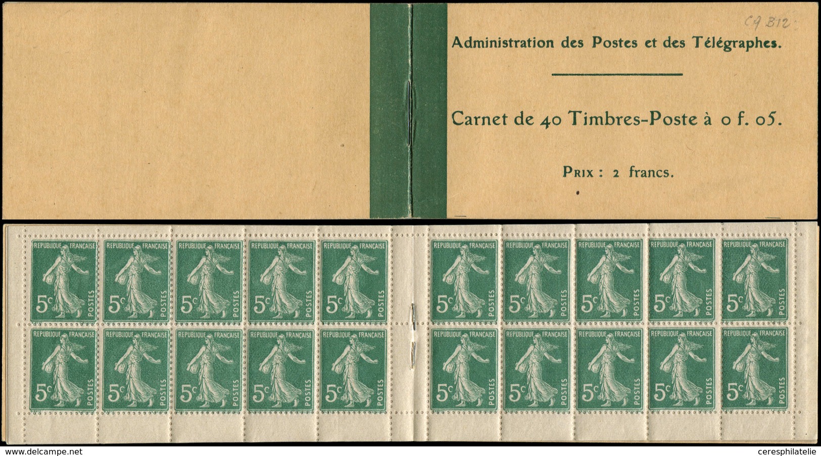 CARNETS (N°Cérès Jusqu'en1964) 9a   Semeuse Camée,  5c. Vert, N°137A, T II, Couv. Papier épais, Beige Foncé, TB - Altri & Non Classificati