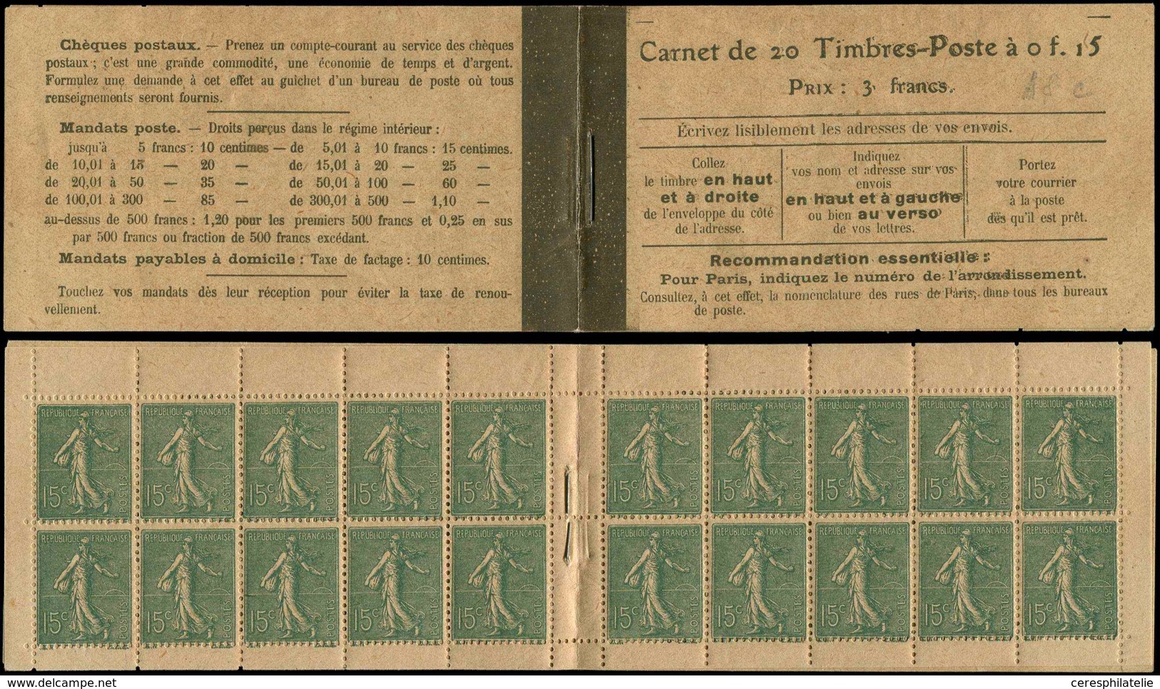 CARNETS (N°Cérès Jusqu'en1964) 70   Semeuse Lignée, 15c. Vert Olive, N°130D, T V, Couv. Postale (4 Pages), "Taxes Révisé - Sonstige & Ohne Zuordnung