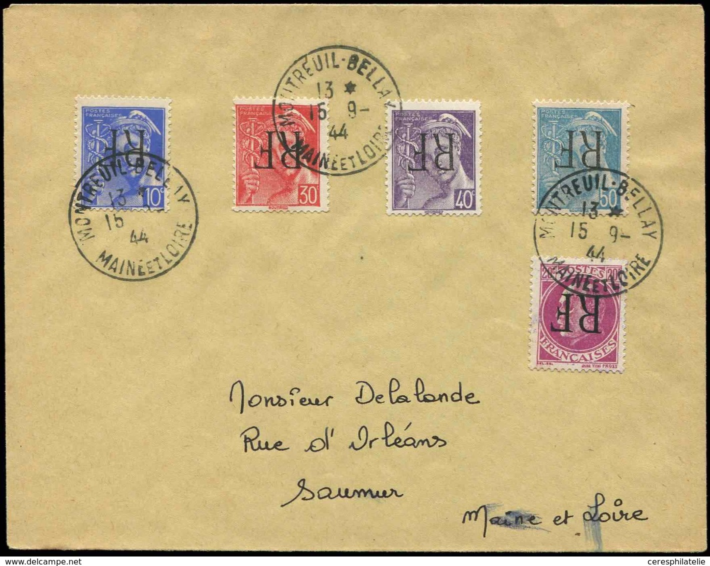 Let TIMBRES DE LIBERATION MONTREUIL BELLAY 8/11 Et 22 : Tous Surch. RENVERSEE, Obl. Càd 15/9/44 S. Env., TB - Befreiung