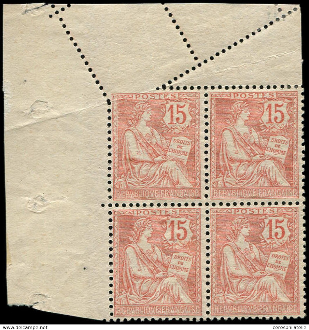 ** VARIETES 125   Mouchon Retouché, 15c. Vermillon, BLOC De 4 Cdf, Un Ex. Piquage OBLIQUE, 2 Ex. *, TB - Ungebraucht